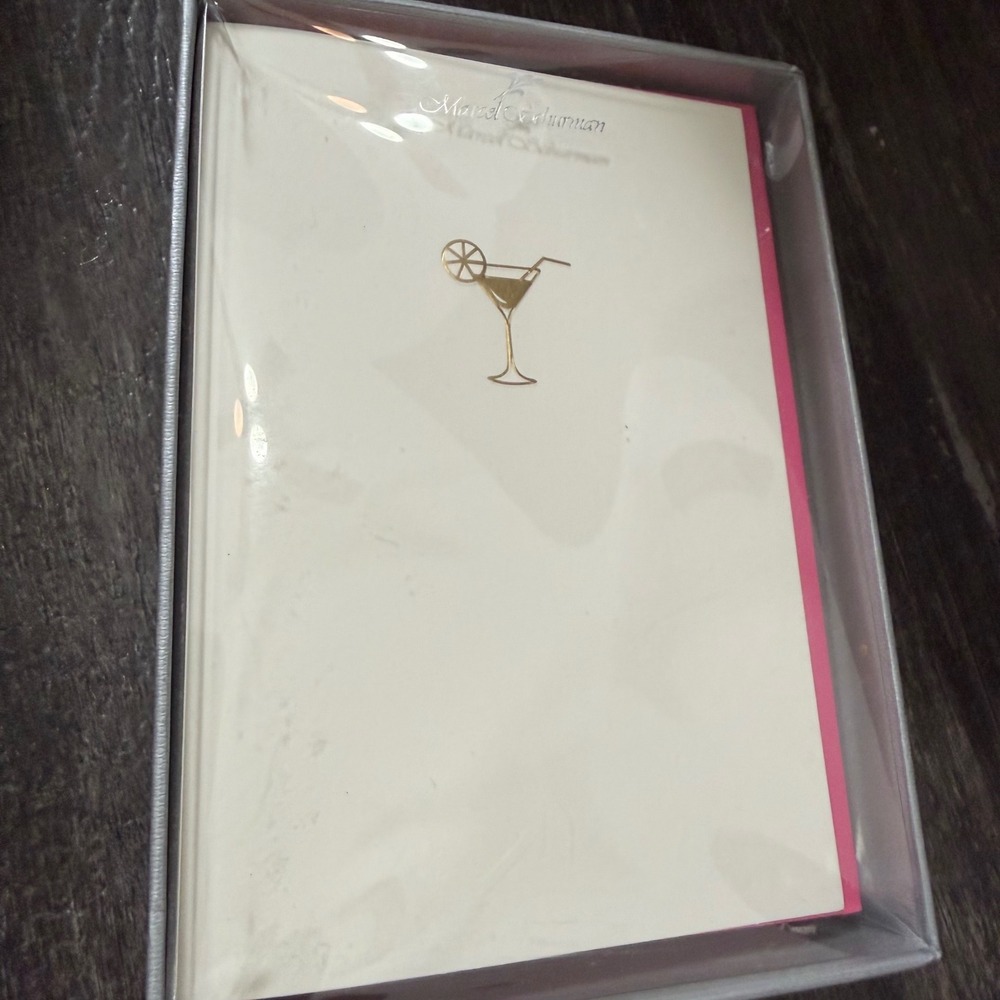 Marcel Schurman Notecards Cream Martini Gold Foil Pink Border 10ct